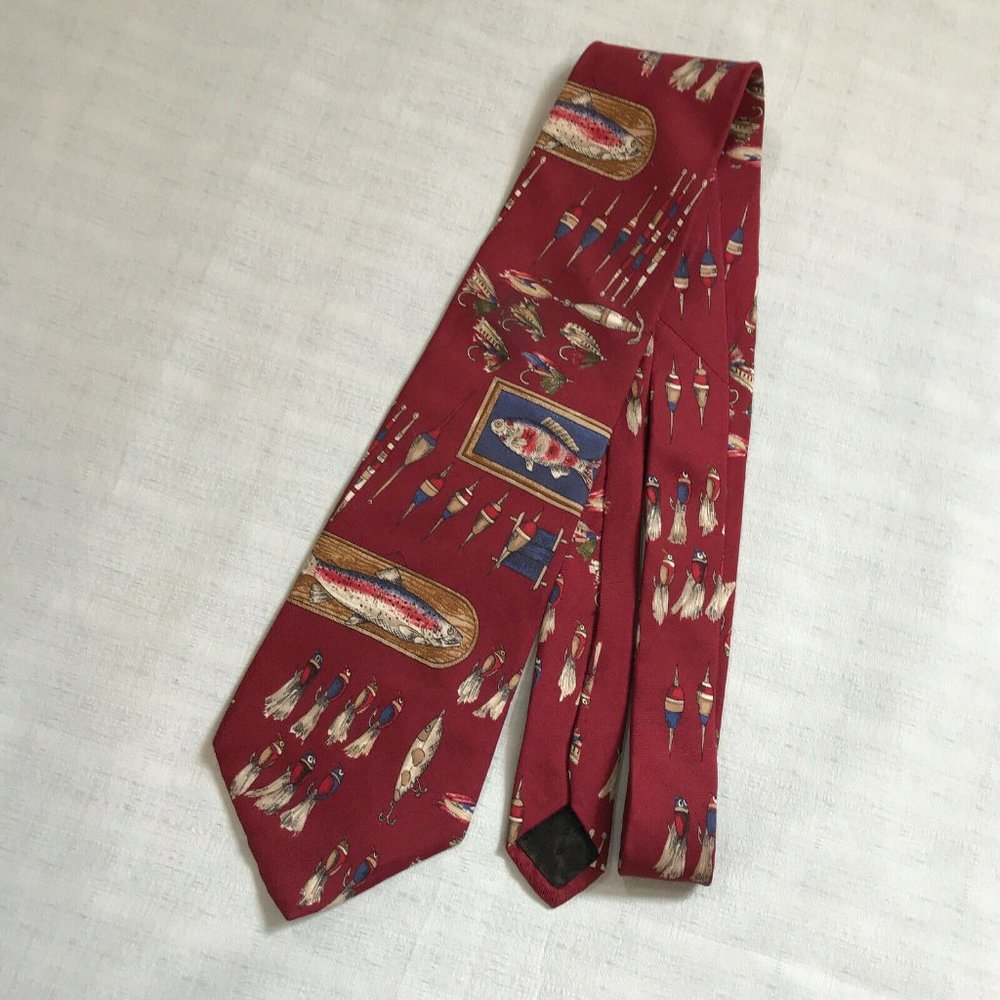 VTG Rooster West End Collection Silk Tie Fishing Lures Trout Made in USA Burgund